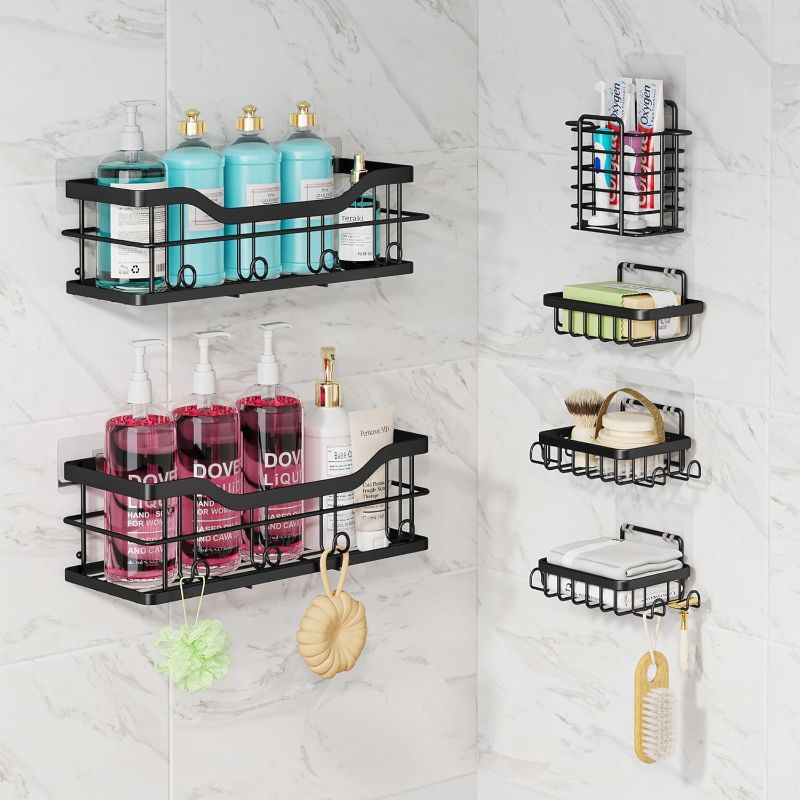 Photo 1 of 1Easylife 6 PCS Shower Caddy No Drilling Adhesive Bathroom Shower Organizer Rustproof Shower Shelf Wall Mounted Shower Storage with Soap Holder Hooks (Black) 