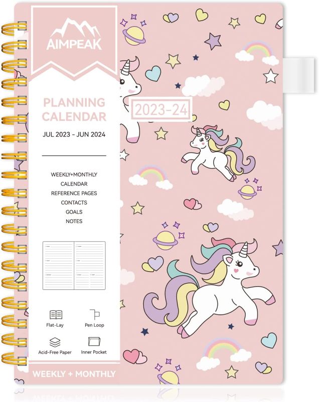 Photo 1 of 2 PACK- Planner 2023-2024, Academic Year Planner from Jul.2023 - Jun.2024, AIMPEAK 2023-2024 Planner Weekly and Monthly with Tabs, Inner Pocket, Pen Loop, Waterproof Cover, Spiral Binding Uni-corn(7"x10") 