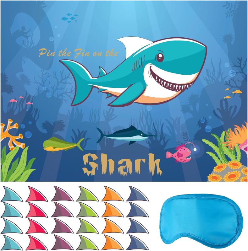 Photo 1 of 2 PACK Lbylyhxc Pin The Fin Birthday Party Games - 21'' x 28'' Shark Party Game 24 Reusable Fin Stickers Party Games for Kids, Kids Party Games (Shark) 