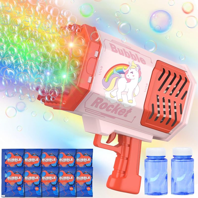 Photo 1 of Bubble Gun, 69 Holes Bubble Machine Gun with Colorful Lights/Bubble Solution Bubble Machine for Kids Adults Ideal Bubble Maker Toys Gift for Birthday, Wedding, Party, Indoor Outdoor Play (Red) 