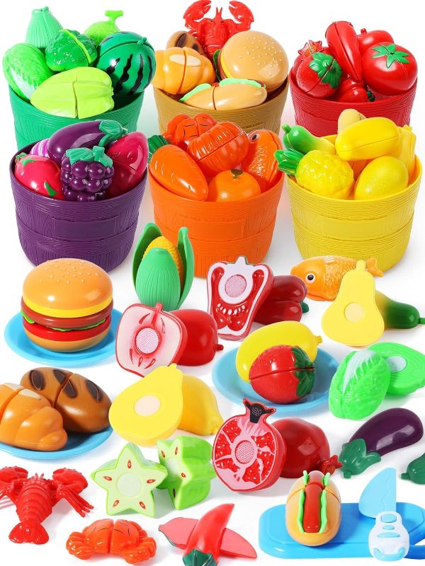 Photo 1 of Cutting Play Food Toy for Kids Kitchen, STEM Toys, Velcro Fruit & Vegetables with 6 Color Sorting Baskets, Plastic Dishes and Knife, Preschool Learning Toy for Baby Toddler Birthday 