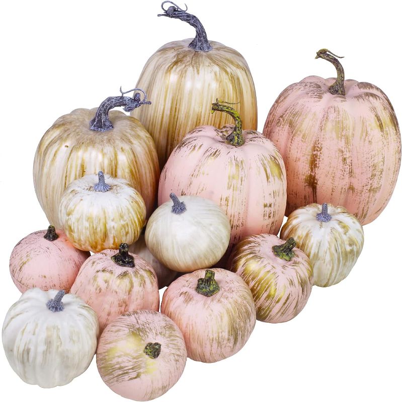 Photo 1 of 14 pcs Assorted Artificial Gold Brushed White and Pink Pumpkins Rustic Decorative Pumpkins Foam Pumpkins for Farmhouse Fall Table Centerpiece Rustic Fall Wedding Decor Baby Shower
