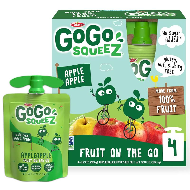 Photo 1 of 4 PACK-GoGo squeeZ Fruit on the Go, Apple Apple, 3.2 oz. (4 Pouches) - Tasty Kids Applesauce Snacks Made from Apples - Gluten Free Snacks for Kids - Nut & Dairy Free - Vegan Snacks- EXP 8/22/2024