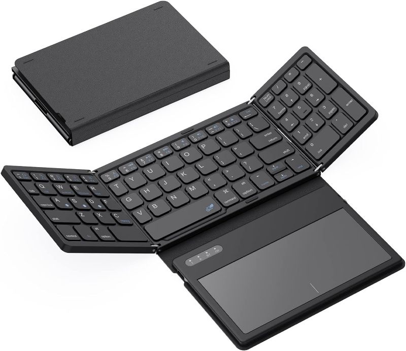 Photo 1 of GEODMAER Foldable Bluetooth Keyboard, Portable Full Size Folding Keyboard with Large Touchpad, Numeric Keypad, PU Leather, Wireless Travel Keyboard for Windows iOS Android Mac (Sync up to 3 Devices)
