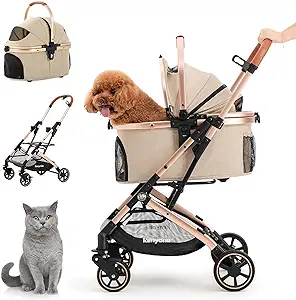 Photo 1 of Kenyone 3-in-1 Pet Stroller for Small Medium Dogs Puppy Cat Stroller with Detachable Carrier & Pad Lightweight Foldable Aluminum Alloy Frame Dual No-Zip Entry(Khaki)
