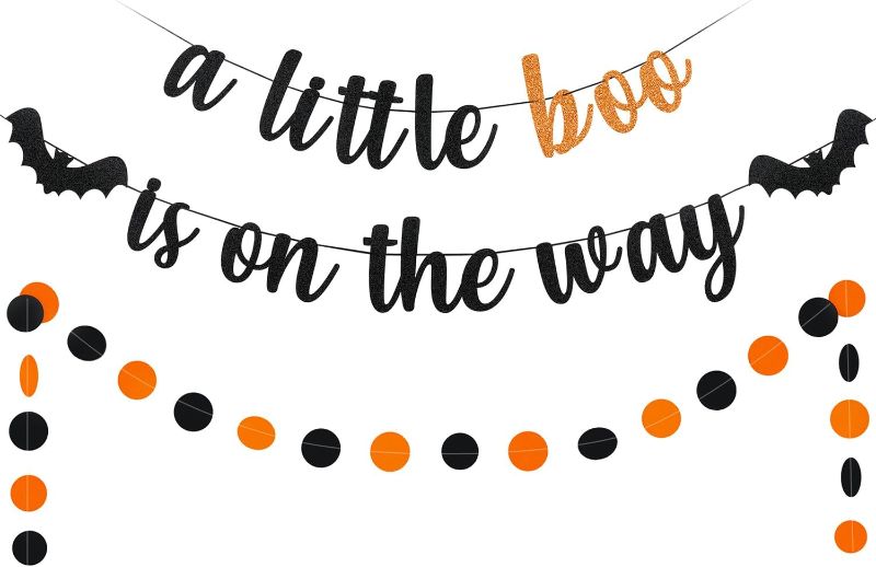 Photo 1 of A Little Boo Is On The Way Banner Halloween Gender Reveal Banner, Halloween Little Boo Baby Shower Banner Spooky Halloween Baby Shower Decorations for Halloween Baby Gender Reveal Decorations 