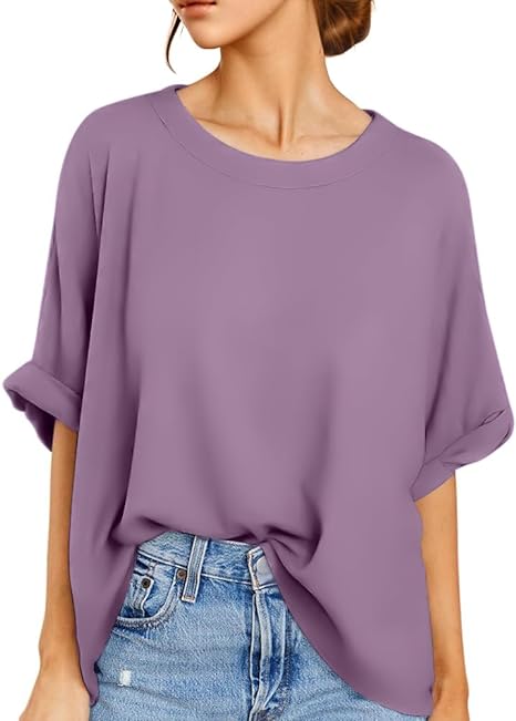 Photo 1 of ATHMILE Women Oversized T-Shirt Summer Casual Short Sleeve Loose Tee Tops - Medium (Purple)