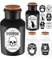 Photo 1 of Zoblise Halloween Potion Bottles Indoor Decor: 4 Potion Bottles & 6 Pcs Apothecary Label Stickers for Halloween Decorations - For Tiered Tray Indoor, Table, Home Witch Decor (Black & White)