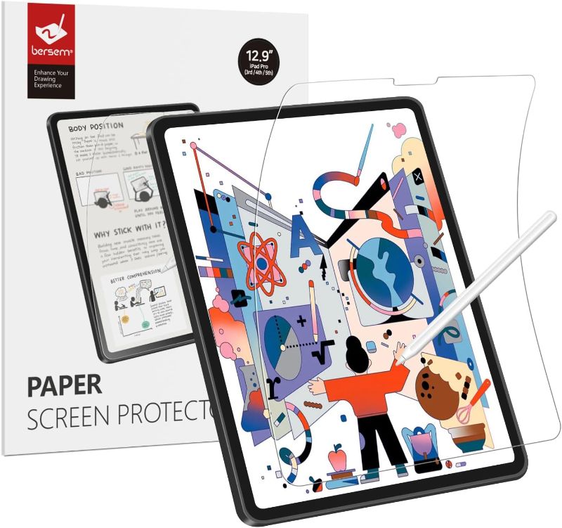 Photo 1 of 5 Pack - BERSEM Paperfeel Screen Protector Compatible with iPad Pro 12.9 Inch (2022 & 2021 & 2020 & 2018), iPad Pro 12.9 6th / 5th / 4th / 3rd Generation Matte PET Film for Drawing Anti-Glare, Apple Pencil Compatible 