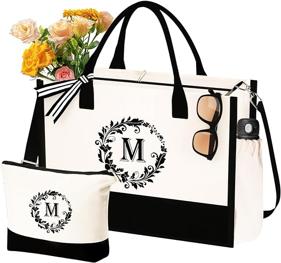 Photo 1 of Birthday Gifts for Women, Canvas Initial Tote Bags & Makeup with Adjustable Strap, Monogram Tote Bags Presents - Letter "M"
