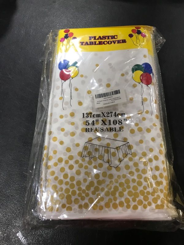 Photo 1 of 16 Pack - Plastic Tablecloth for Parties, Party Table Cloths Disposable, Stylish Design, Gold Dots Decorations, White, Waterproof, Rectangular Table Cover, 54 Inch x 108 Inch


