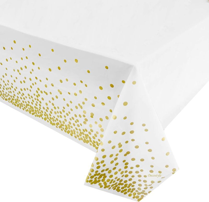 Photo 1 of 16 Pack - Plastic Tablecloth for Parties, Party Table Cloths Disposable, Stylish Design, Gold Dots Decorations, White, Waterproof, Rectangular Table Cover, 54 Inch x 108 Inch

