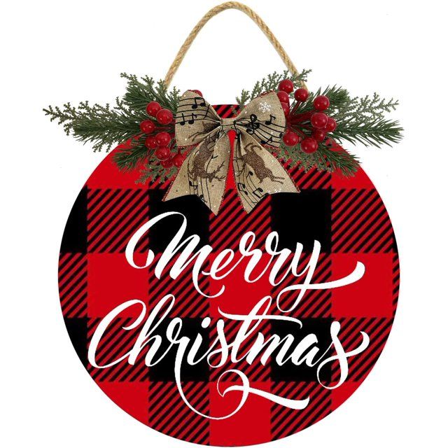 Photo 1 of 12" Merry Xmas Decoration, Christmas Tree Decorations, Buffalo Plaid Christmas Sign For Front Door Porch Window Wall Farmhouse Indoor Outdoor Home Festival Holiday Decor
