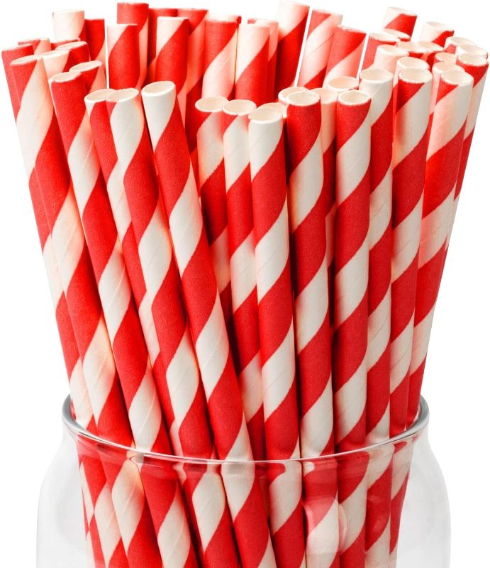 Photo 1 of [100 Pack]Party Straws Disposable 7.75" x0.24" Red and White Biodegradable Paper Drinking Straw for Cocktail, Milkshake, Coffee, Lemonade (0.24" x 7.75", Red)
