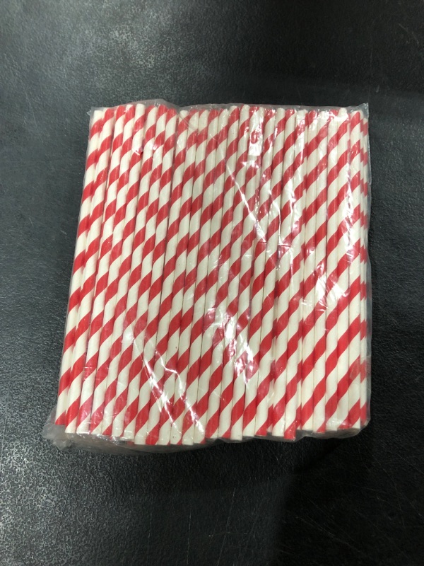 Photo 2 of [100 Pack]Party Straws Disposable 7.75" x0.24" Red and White Biodegradable Paper Drinking Straw for Cocktail, Milkshake, Coffee, Lemonade (0.24" x 7.75", Red)

