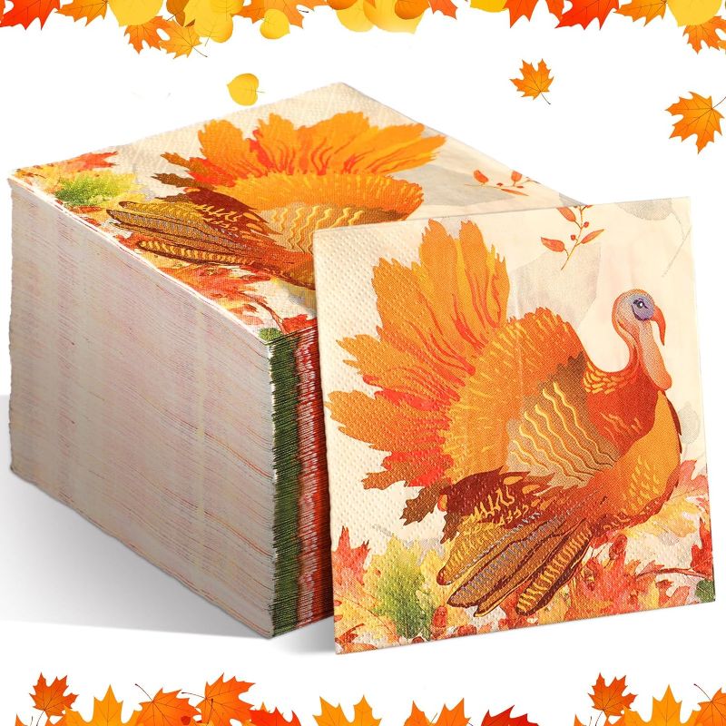 Photo 1 of 200 Count Fall Napkins Thanksgiving Guest Napkins Decorative Napkins Fall Paper Napkins Cocktail Beverage Paper Napkins Thanksgiving Napkins Paper for Dinner Home Kitchen Bathroom (Turkey) 