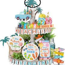 Photo 1 of 31 Pcs Summer Hawaii Tiered Tray Decor Beach Summer Farmhouse Decor Wood Rustic Beach Tiered Tray Decorations Coastal Summer Wooden Sign with Slippers Sunshine for Kitchen Table Shelf Home Party