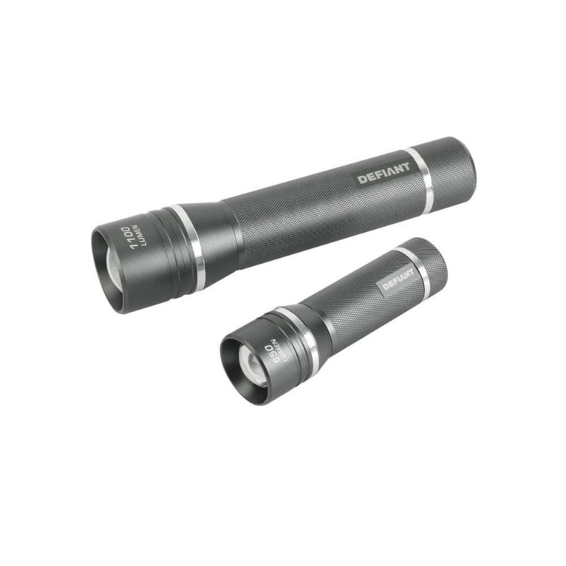 Photo 1 of Defiant 1100 Lumens and 650 Lumens Alkaline Battery LED Slide-to-Focusing Powered Aluminum Flashlight (2-Pack), Black
