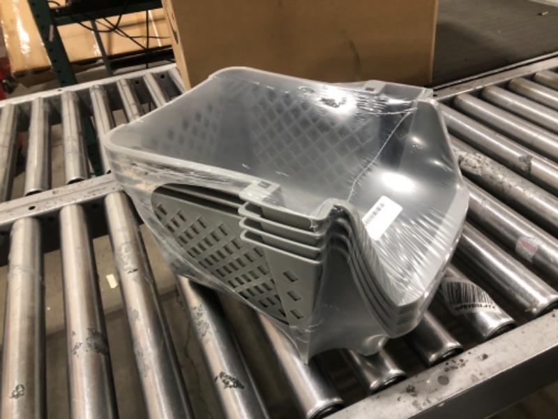 Photo 1 of Titan Mall Stackable Storage Bins 4 Pack, Closet Organizer Plastic Bins for Fruit and Vegetable Basket for Pantry, Kitchen, Garage, Kids Room Toy Organizers and Storage Bins Gray (Made in America) Dark Grey