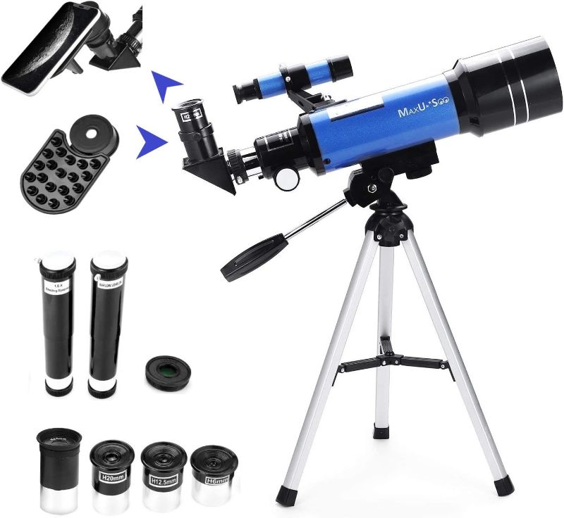 Photo 1 of MaxUSee 70mm Telescope for Kids & Astronomy Beginners, Refractor Telescope with Tripod & Finder Scope, Portable Telescope with 4 Magnification eyepieces & Phone Adapter