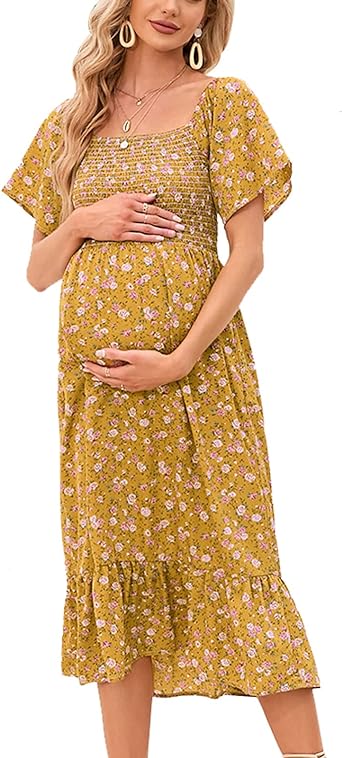 Photo 1 of 2023 Summer Maternity Dress for Baby Shower Photoshoot, Casual Square Neck Smocked Flowy Midi Pregnancy Dresses