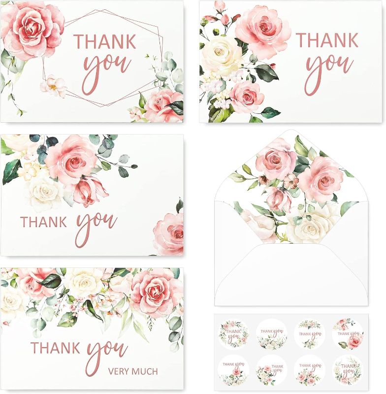 Photo 1 of  32 Pack Thank You Cards with Envelopes Stickers Blush Floral Blank Note Cards Bulk 4 Design Flower Thank You Greeting Cards for Wedding Baby Shower Bridal Shower and All Occasions, 4 x 6
