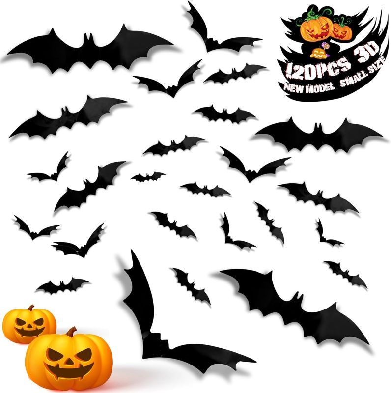 Photo 1 of 120PCS Halloween Decorations Bats, 4 Different Sizes Reusable PVC Black Bats Wall Decor, 3D Realistic Scary Bat Sticker for Halloween Party Supplies, Home Decor DIY Wall Decal Bathroom Indoor Outdoor 2 pack
