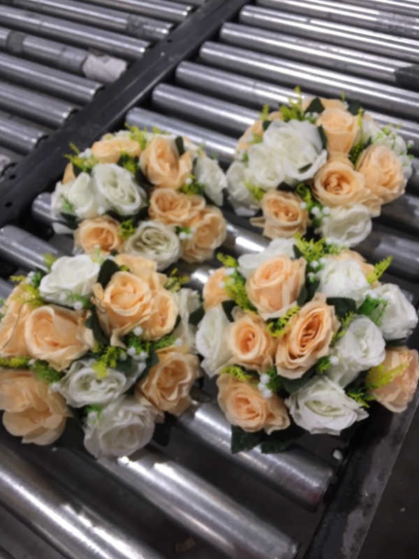 Photo 1 of 4PCS Fake Flower Ball Arrangement Bouquet,15 Heads Plastic Roses with Base, Suitable for Our Store's Wedding Centerpiece Flower Rack for Parties Valentine's Day Home Décor (Champagne & White) 4 Pcs Peachy Champagne & White