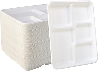 Photo 1 of 100 Pack 5 Compartment Plates, 100% Compostable Paper Plate, 10.25*8.5 inch Disposable School Lunch Trays, Eco-Friendly Bagasse Plates for School Lunch, Buffet, and Party , Perfect for Boys and Girls 500 5 compartment plates