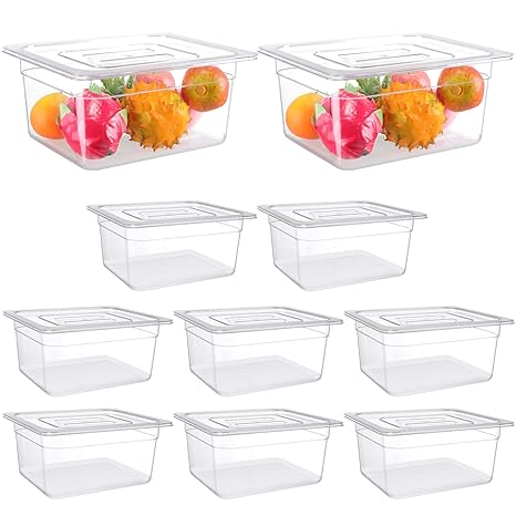 Photo 1 of 10 Pcs Plastic Food Pans with Lid 1/2 Size Stackable Clear Pan with Capacity Indicator Food Storage Containers Restaurant Supplies Hotel Pans for Beans Corns Fruits Vegetables, 6'' Deep, 3.4 Gallon