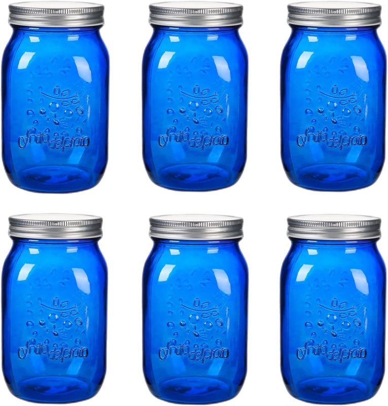 Photo 1 of  32 oz Blue Mason Jars with Lids?Wide Mouth Canning Jar, 6 Pack Multifunction Glass Container, for, Storage, Canning, Pickling, Preserving, Fermenting, DIY Crafts & Decorate