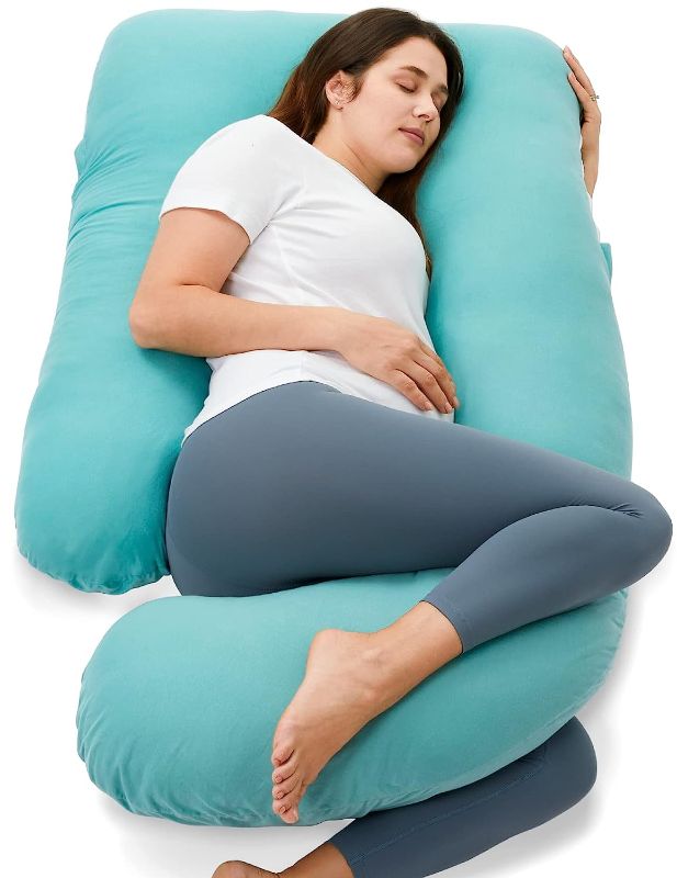 Photo 1 of  U Shaped Pregnancy Pillows with Cotton Removable Cover, 57 Inch Full Body Pillow Maternity Support, Must Have for Pregnant Women, Tiffany Blue