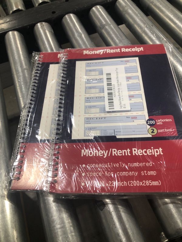 Photo 2 of  Money and Rent Receipt Book, 2-Part Carbonless, 7-5/8" x 11", Spiral Bound, 200 Sets per Book, 4 Receipts per Page (SC1182), White/Canary- 2BOOKS
