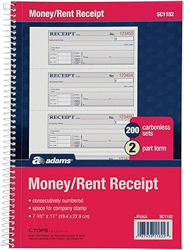 Photo 1 of  Money and Rent Receipt Book, 2-Part Carbonless, 7-5/8" x 11", Spiral Bound, 200 Sets per Book, 4 Receipts per Page (SC1182), White/Canary- 2BOOKS
