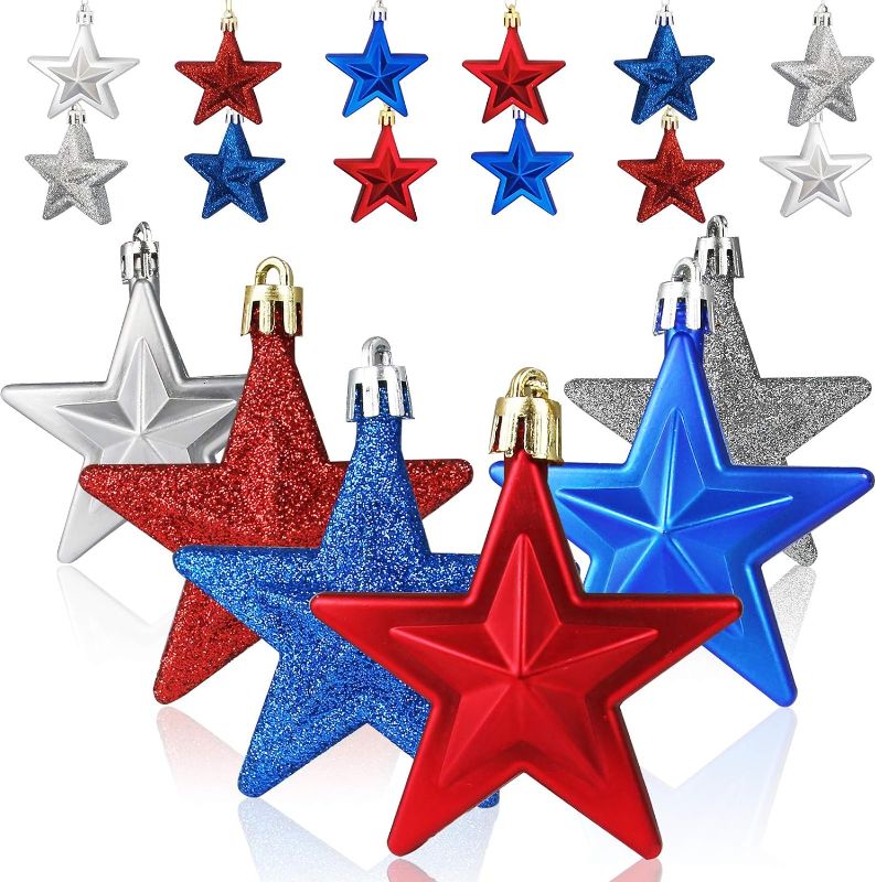 Photo 1 of 24 Pieces Hanging Star Ornaments Christmas New Year Labor Day Independence Day Hanging Ornament for Home Party Indoor Outdoor Summer Decor for Tree 4th of July Patriotic Decorations(Blue Red Silver)