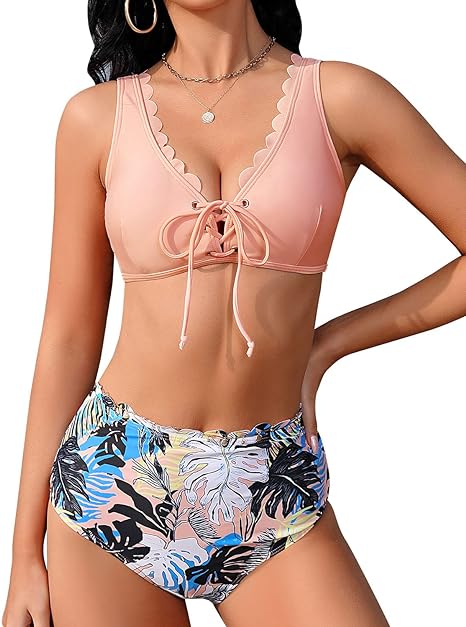 Photo 1 of 2XL BLUEMING Women's Bikini Set Floral Print Sexy Floral Two Piece Swimsuit Lace Up High Waisted Bathing Suit Tummy Control
