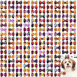 Photo 1 of 160 Pcs Halloween Dog Hair Bows Dog Topknot Bows with Rubber Bands Rhinestone Dog Grooming Bows Pumpkin Ghost Pattern Puppy Hair Bows Ties Cute Dog Hair Accessories Bowknot (Ghost Bat Style)