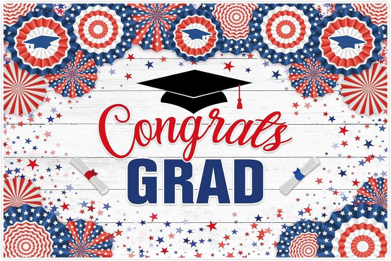 Photo 1 of Funnytree 68" x 45" Class of 2023 Graduation Party Backdrop Girl Boy Congrats Graduates Photography Background Congratulate Grad Prom Red and Blue Paper Fan Cake Table Banner Decor Photo Studio Booth
