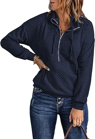 Photo 1 of BTFBM Women 2023 Fashion Sweatshirts Quilted Pattern Lightweight Zip Long Sleeve Casual Pullovers Shirts Tops, Navy, Small
