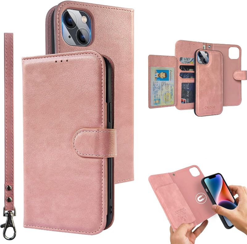 Photo 1 of CAVOKAS Case Wallet for iPhone 14 Plus Wallet Case, 6.7 Inch Magnetic Detachable Leather Flip Case Card Holders, iPhone 14 Plus RFID Blocking Phone Cover, Pink
