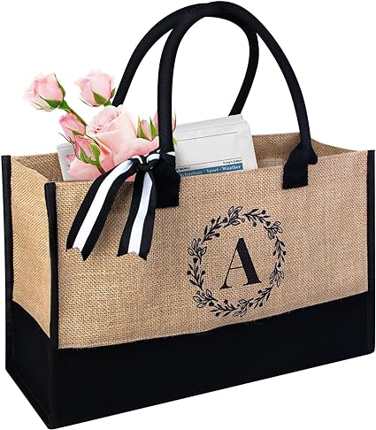 Photo 1 of Birthday Gifts for Women,Monogrammed Gift Tote Bag for Women,Personalized Initial Tote Bag,Jute/Canvas Tote Bag
