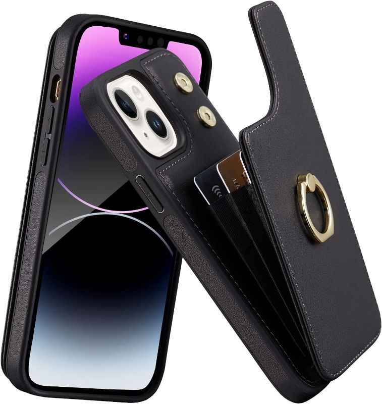 Photo 1 of Elteker iPhone 14 Phone Case with Card Holder, iPhone 14 Wallet Case for Women with Ring Kickstand, RFID Blocking Credit Card Slots Leather Case for iPhone 14 (6.1 inch)- Black 
