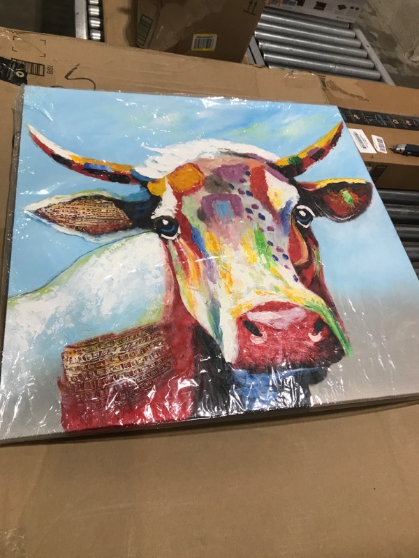 Photo 1 of Colorful Cow Paintings Canvas Wall Art Animal Paintings Handmade Texture Oil Paintings 3D Cow Pictures American Country Style Wall Decor for Living Room Bedroom Modern Art Work Wooden Framed 32x32inch 02cow 32 in x 32 in