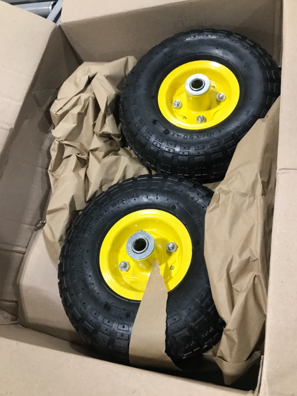 Photo 2 of (2 Pack) AR-PRO 4.10/3.50-4" All Purpose Utility Air Tires/ yellow Wheels with 10" Inner Tube, 5/8" Axle Bore Hole, 2.2" Offset Hub and Double Sealed Bearings for Hand Trucks and Gorilla Cart