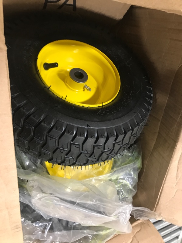 Photo 2 of (2 Pack) AR-PRO Exact Replacement 15" x 6.00-6" Front Tire and Wheel Assemblies for John Deere Riding Mowers - Compatible with John Deere 100 and D100 Series - 3” Centered Hub and 3/4” Bushings 15 x 6.00-6" Yellow