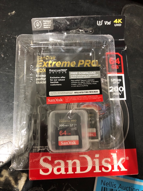 Photo 2 of SanDisk 64GB Extreme PRO SDXC UHS-I Memory Card - C10, U3, V30, 4K UHD, SD Card - Memory Card Only