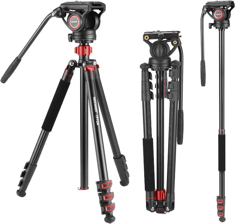 Photo 1 of NEEWER 72" Fluid Head Video Tripod Monopod, Aluminum Alloy QR Plate Compatible with DJI RS Gimbal Manfrotto, 360° Pan & +90°/-70° Tilt for DSLR Camera Camcorder, Max Load 17.6lb/8kg, TP72A
