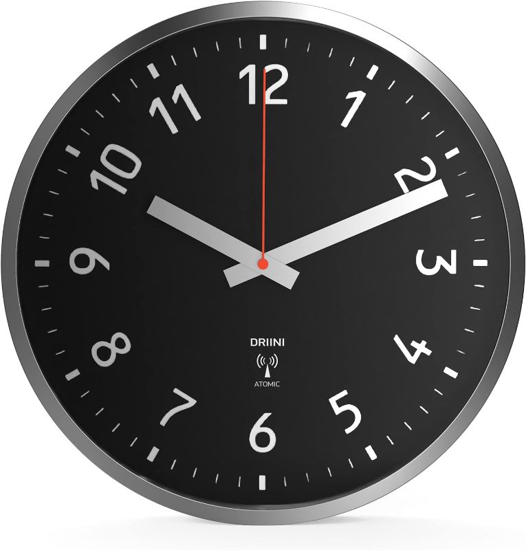 Photo 1 of Driini Analog Atomic Wall Clock – Self Setting And Battery Operated – 12’’ Brushed Silver Metal Frame With Black Face – Easy To Read Indoor Clocks For Bedroom, Kitchen, Office, School Or Gym.
