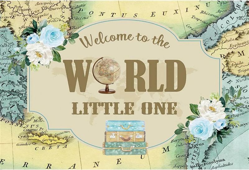 Photo 1 of Baocicco 7x5ft Blue Floral World Map Party Backdrop Welcome to The World Little One Treasure Box Photography Background Baby Shower Gender Reveal Birthday Party Decor Boy Newborn Baby Photo Prop