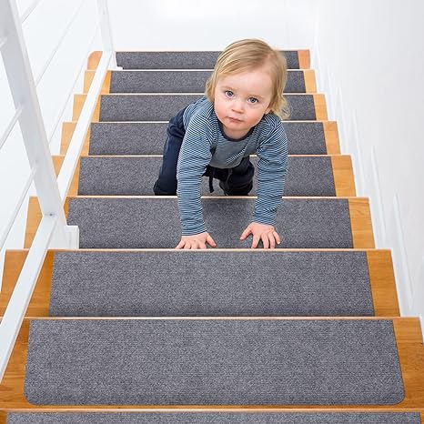 Photo 1 of  AOHDM Non-Slip Stair Treads Carpet for Wooden Steps, 8x30IN Self-Adhesive Stair Treads Mat, Safety Indoor Stair Runner Mats, Anti Slip Stair Rugs for Kids Elders and Dogs, 15PCS, Light Grey Stair Treads Carpet Runner Mats for Elders, Kids, Pets (Light Gr
